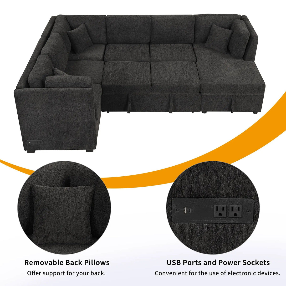 U-Shaped Sectional Sofa Pull Out Sofa Bed With Two USB Ports, Two Power Sockets | 3 Pieces | Fabric | Bedroom
