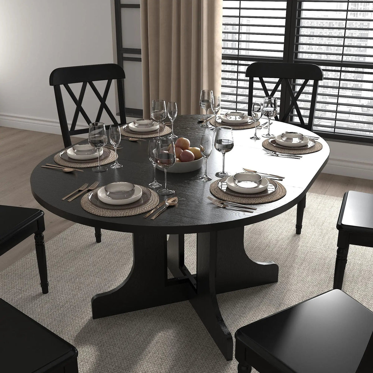 Expandable Farmhouse Dining Table | 59 Inch Width | Removable Leaf | Trestle X-Shaped Base