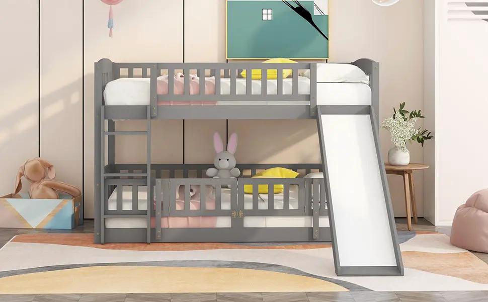 Low Bunk Bed With Slide | Fence And Ladder | Built-In Play Area | Kids Bedroom