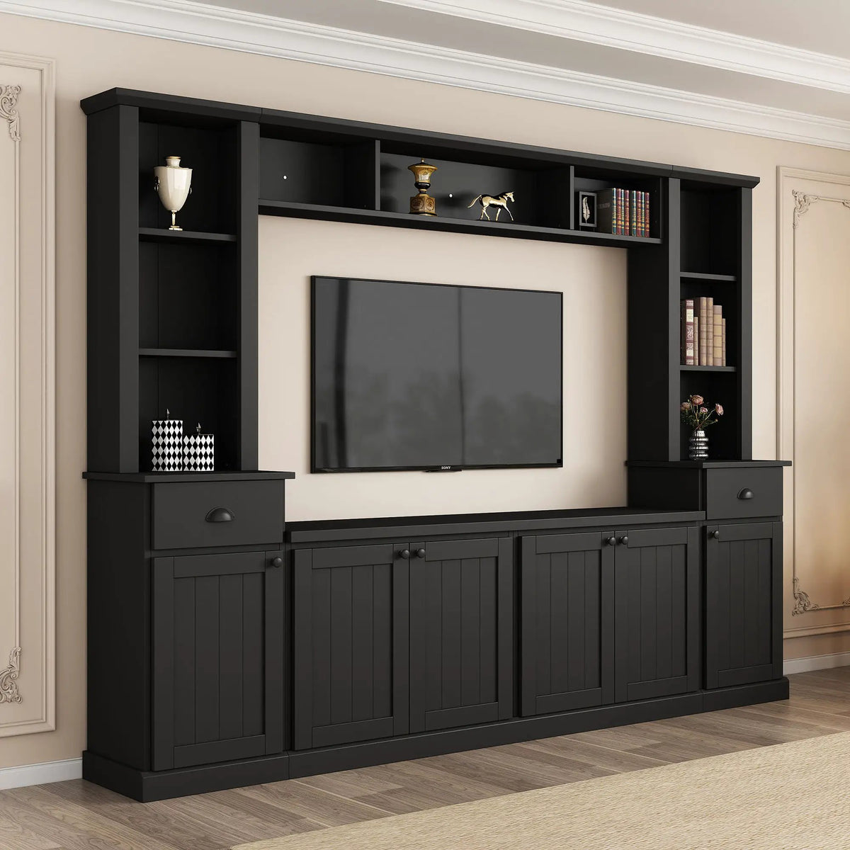 Minimalist Entertainment Wall Unit | Fits TVs Up To 75 Inch | Adjustable Bridge Height | Plank-Inspired Doors