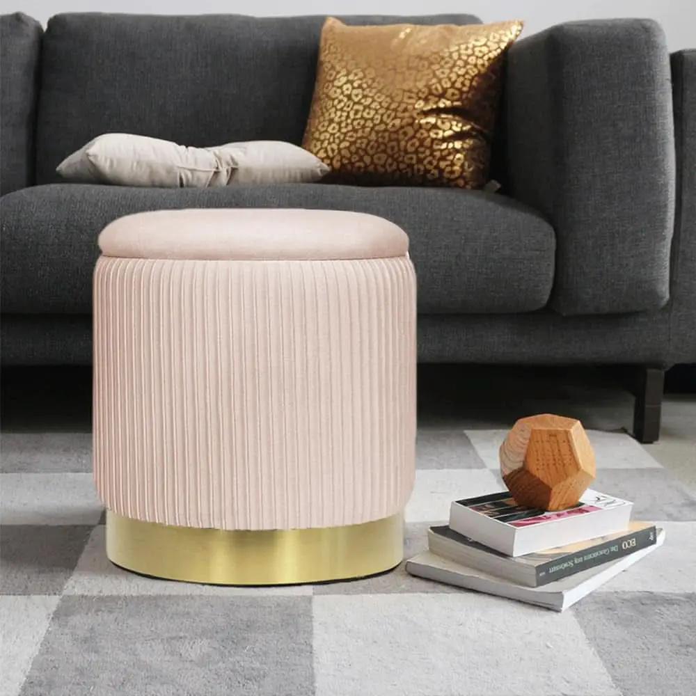 Bubblegum Pink Velvet Circular Ottoman With Storage from PriceLows™