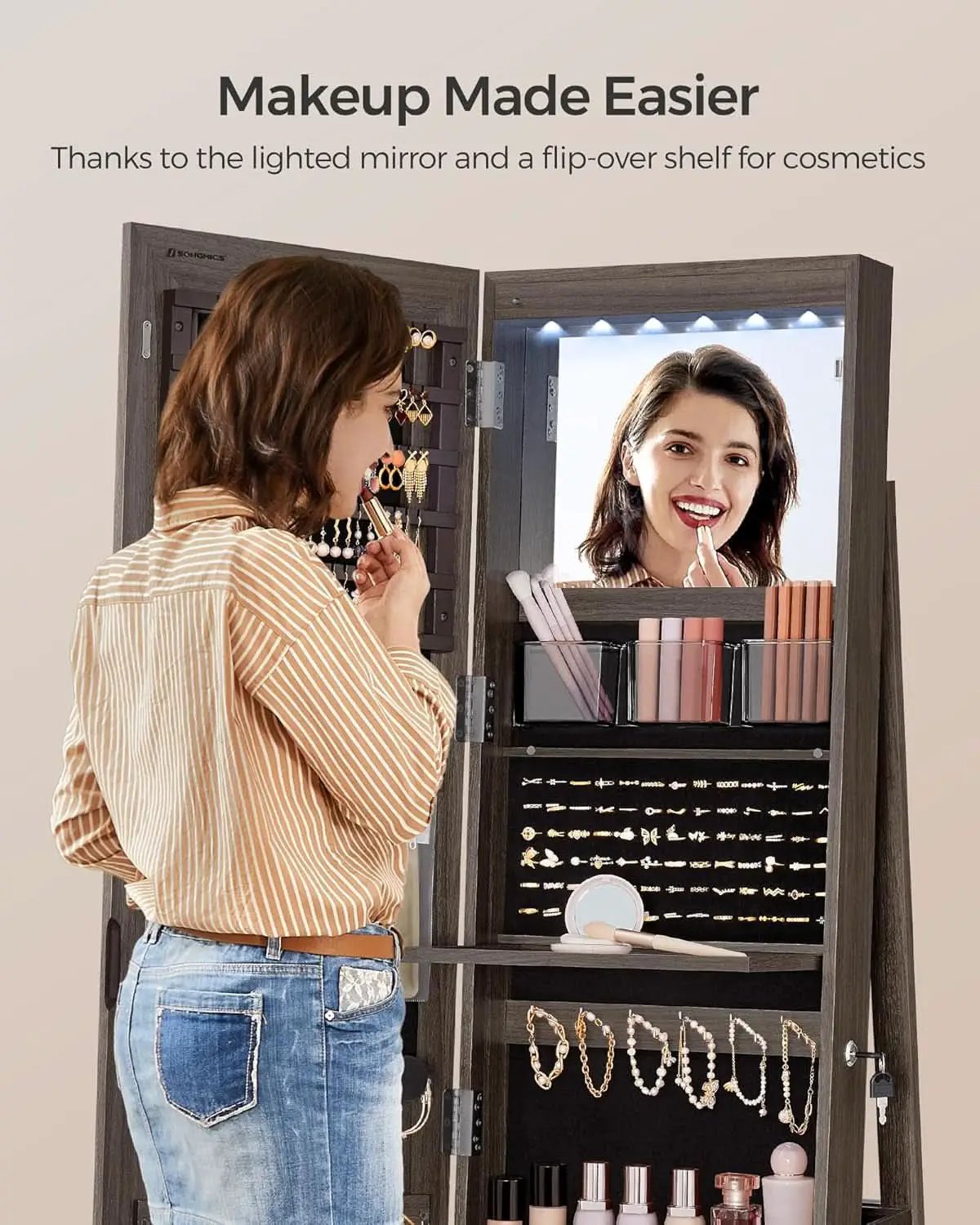 Ash Brown Lockable LED Full Length Mirror Jewelry Cabinet from PriceLows™