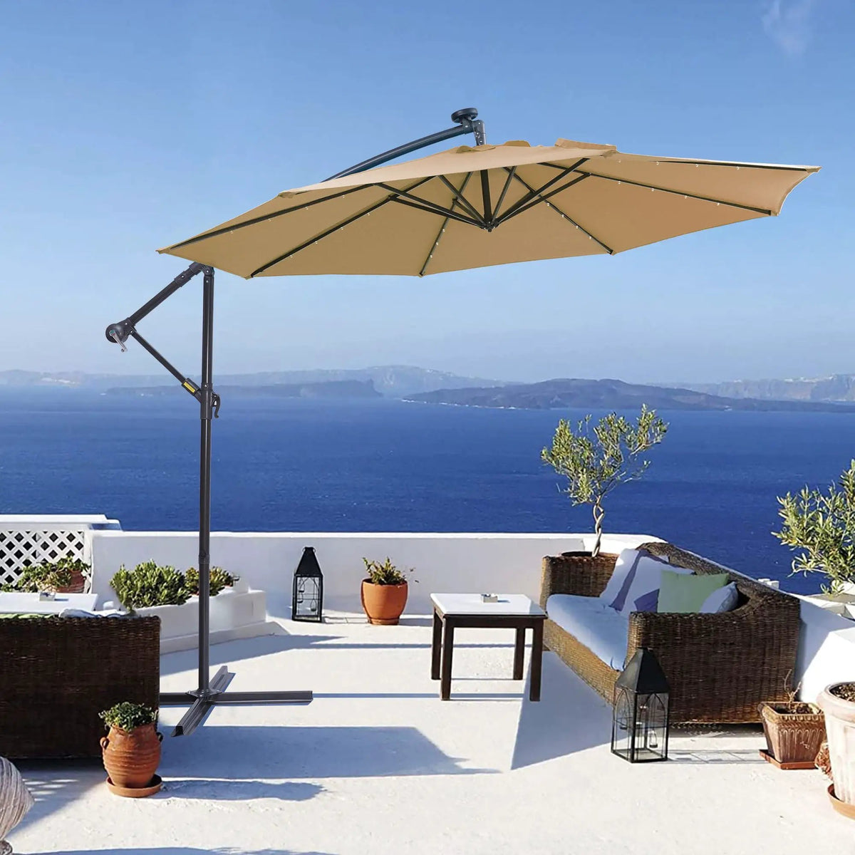 Outdoor Cantilever Patio Umbrella | 10 Ft | 32 Solar Led Lights | Taupe