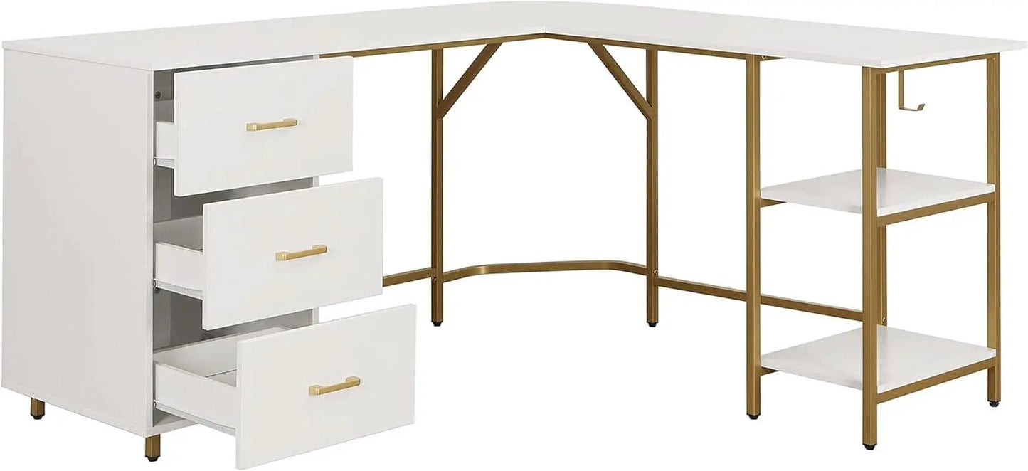 L Shaped Corner Desk Two Tone With Drawers And Shelves For Home Office from PriceLows™