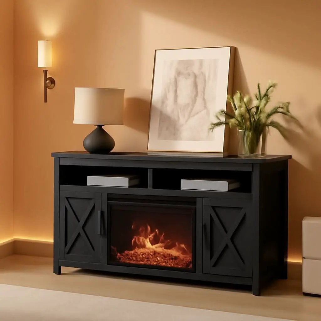 58 Inch Farmhouse TV Stand With Electric Fireplace Grey from PriceLows™