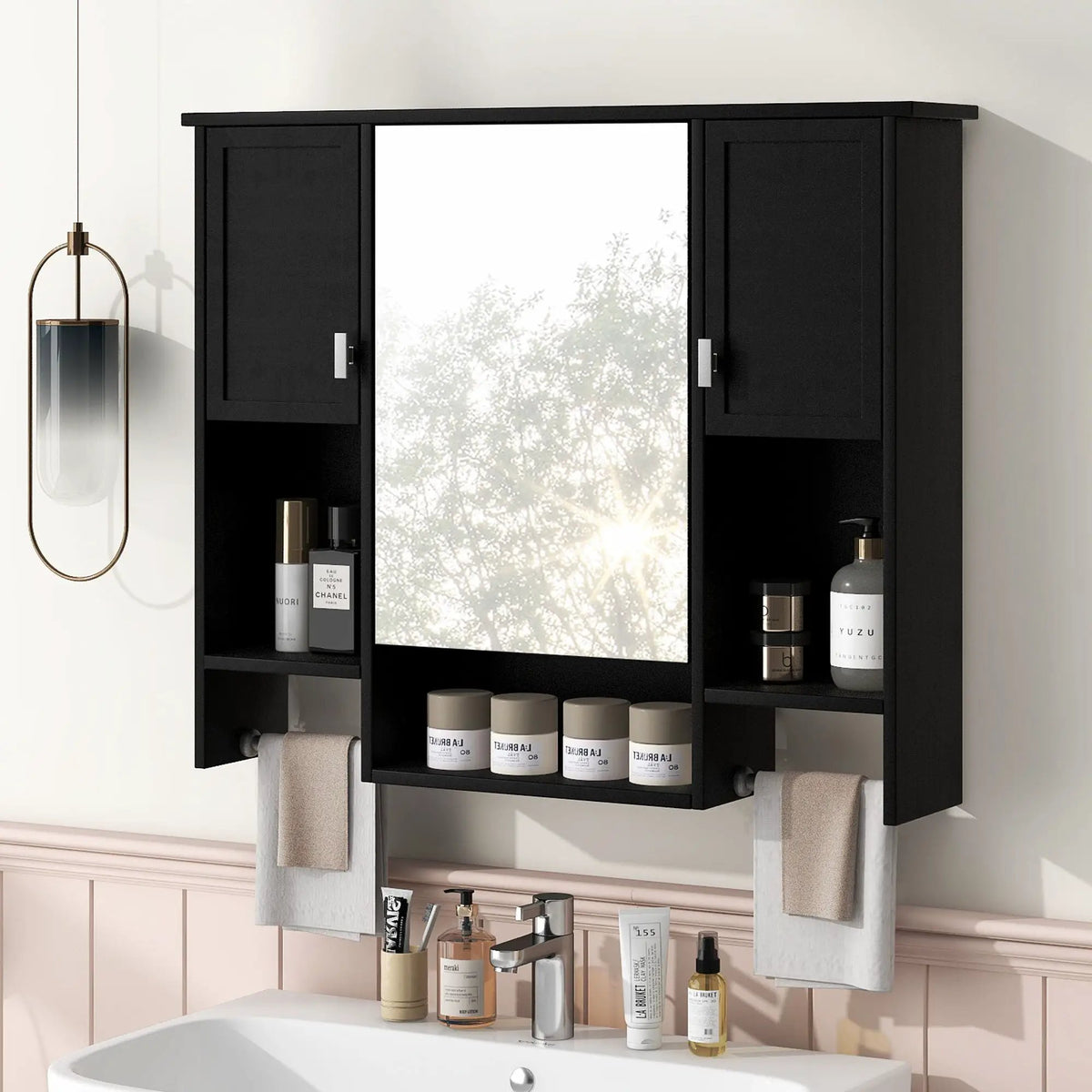 Wall Mounted Bathroom Cabinet With Mirror | Towel Bar | Closed Cabinets And Open Shelves | 35 Inch Width