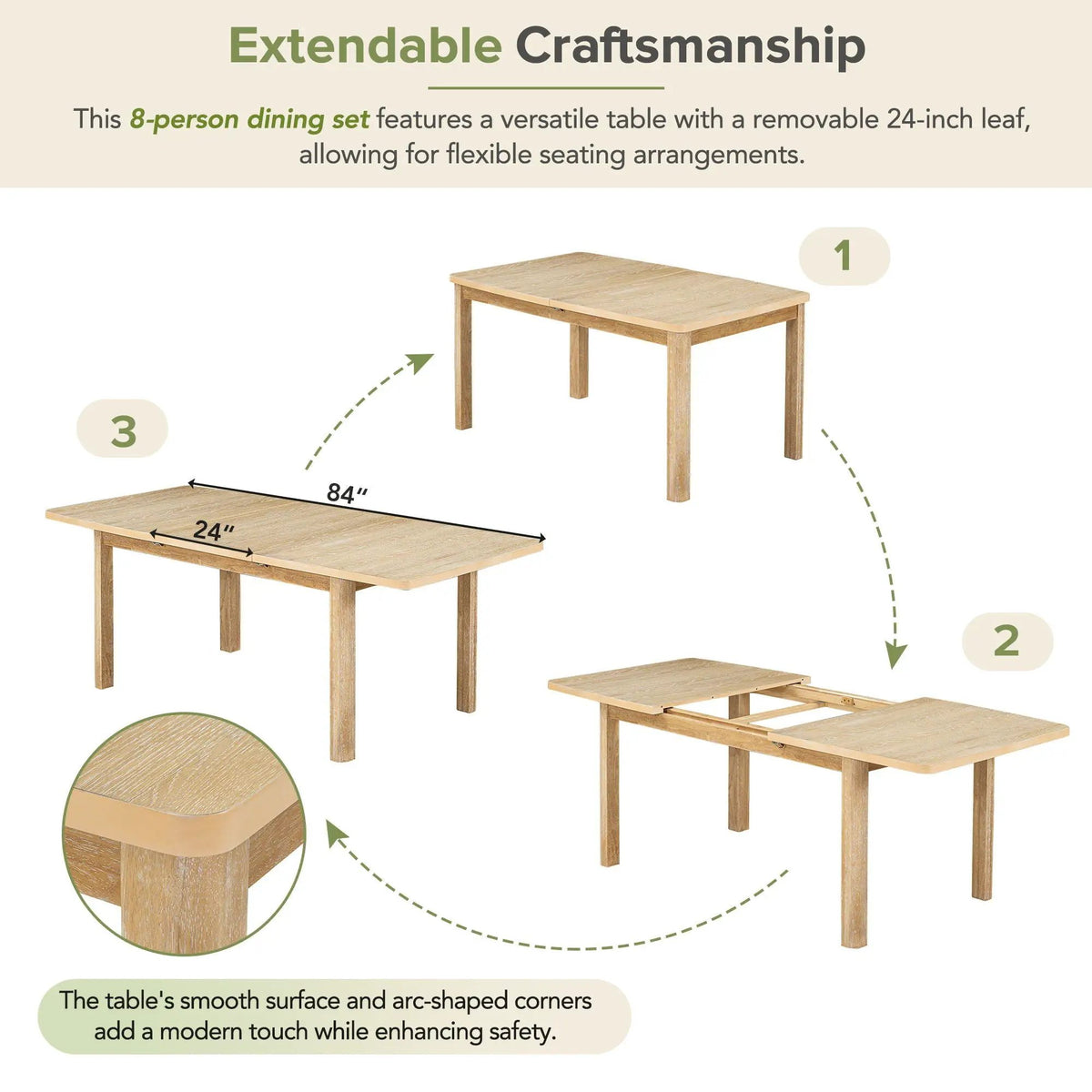 9 Piece Dining Set | Removable Leaf | Rubberwood | 24 Inch Extension
