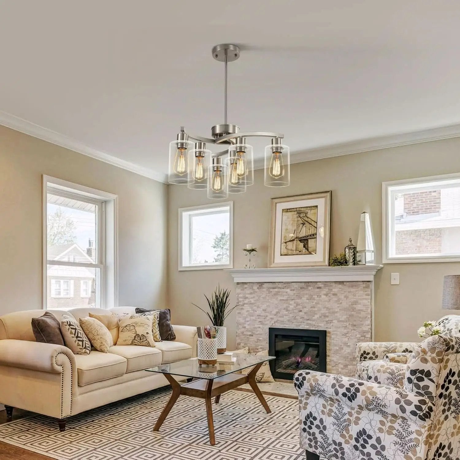 Six Light Brushed Nickel Industrial Glass Chandelier from PriceLows™