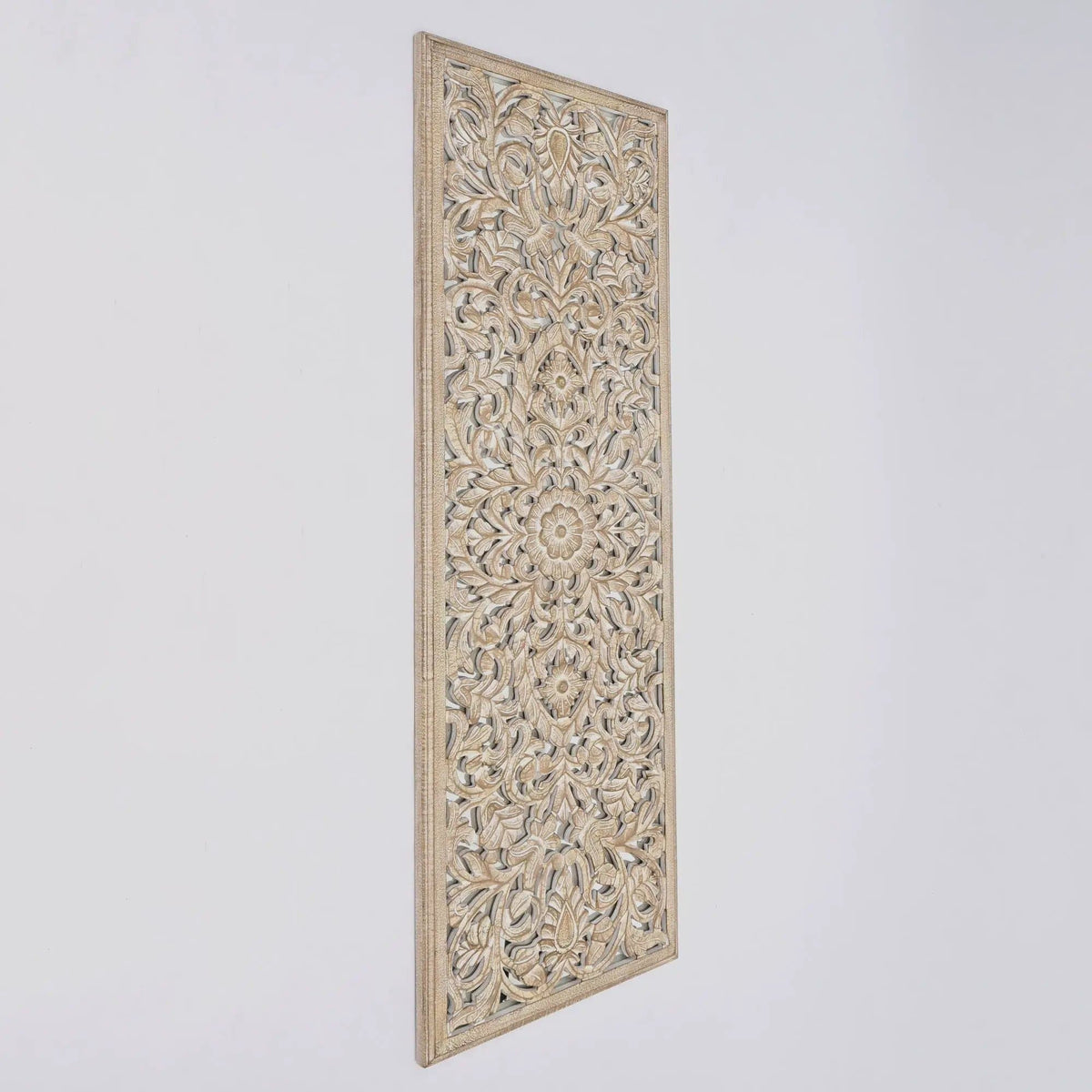 Floral Hand Carved Mandala Rectangle Wall Decor With Mirror Antique Brown / | 24 x 1.5 x 71 in | Wood | White