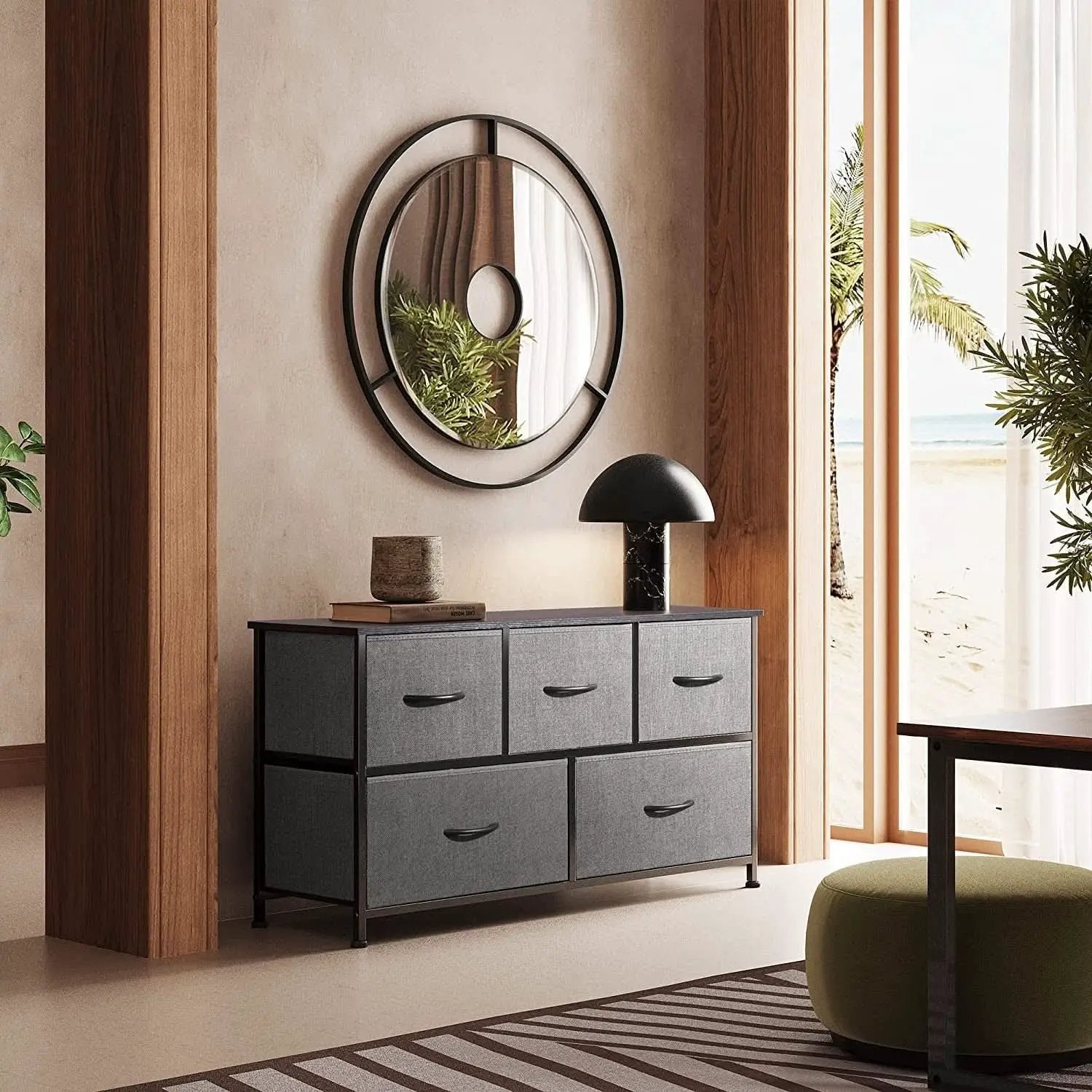 5 Drawer Dark Grey Fabric Chest With Wood Top Bedroom from PriceLows™
