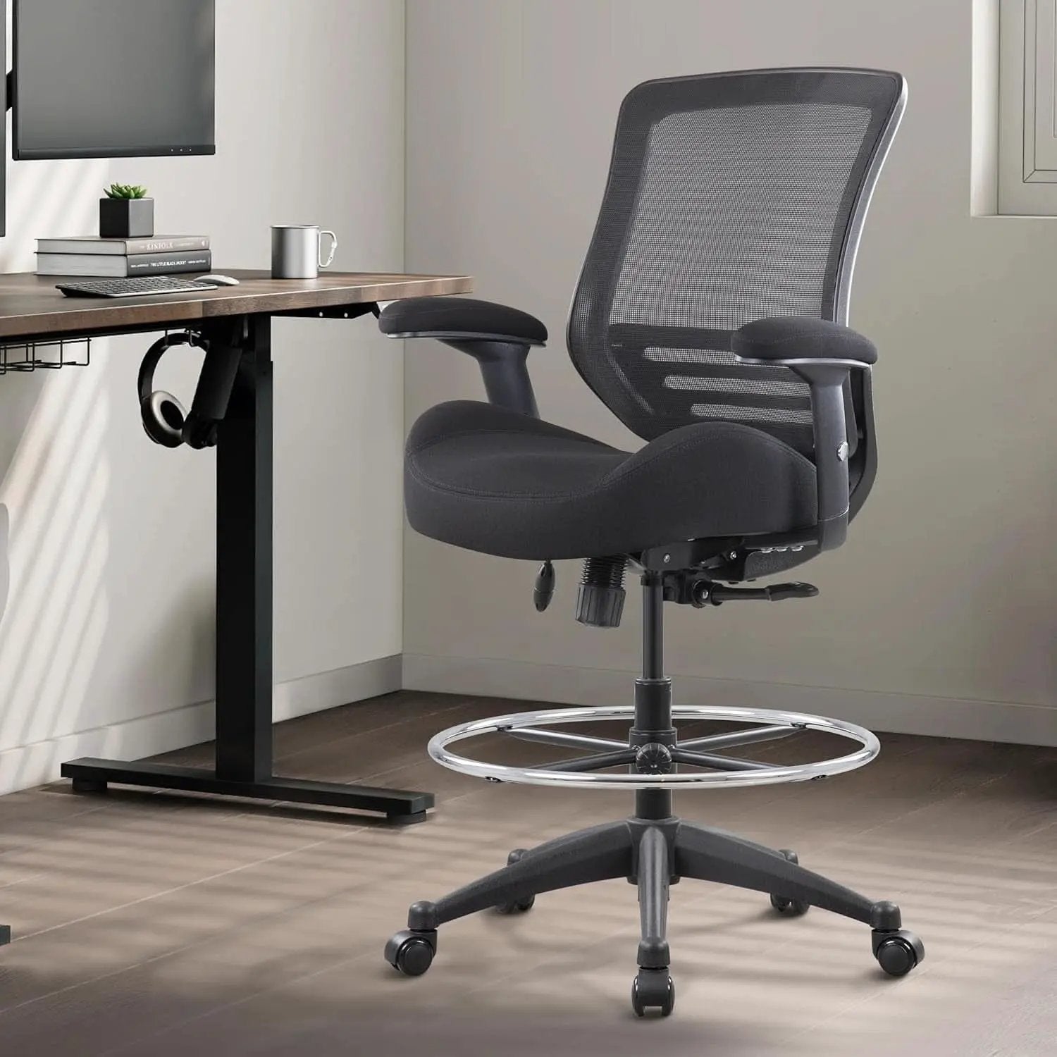 Black Mesh Ergonomic Drafting Chair With Height Adjustable Armrests from PriceLows™