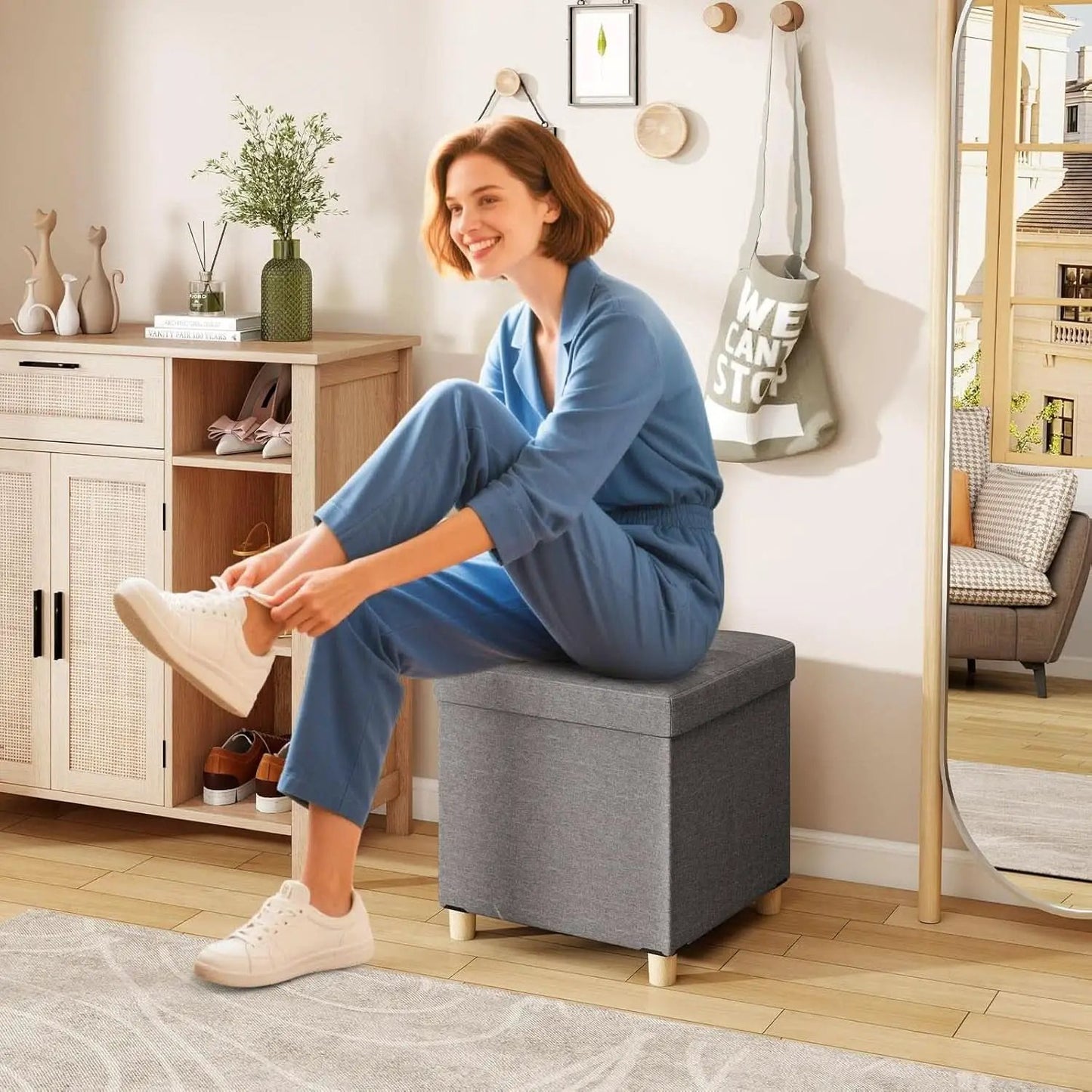 Linen Fabric Storage Ottoman Cube With Tray Lid Elevated Legs 18 Inch from PriceLows™