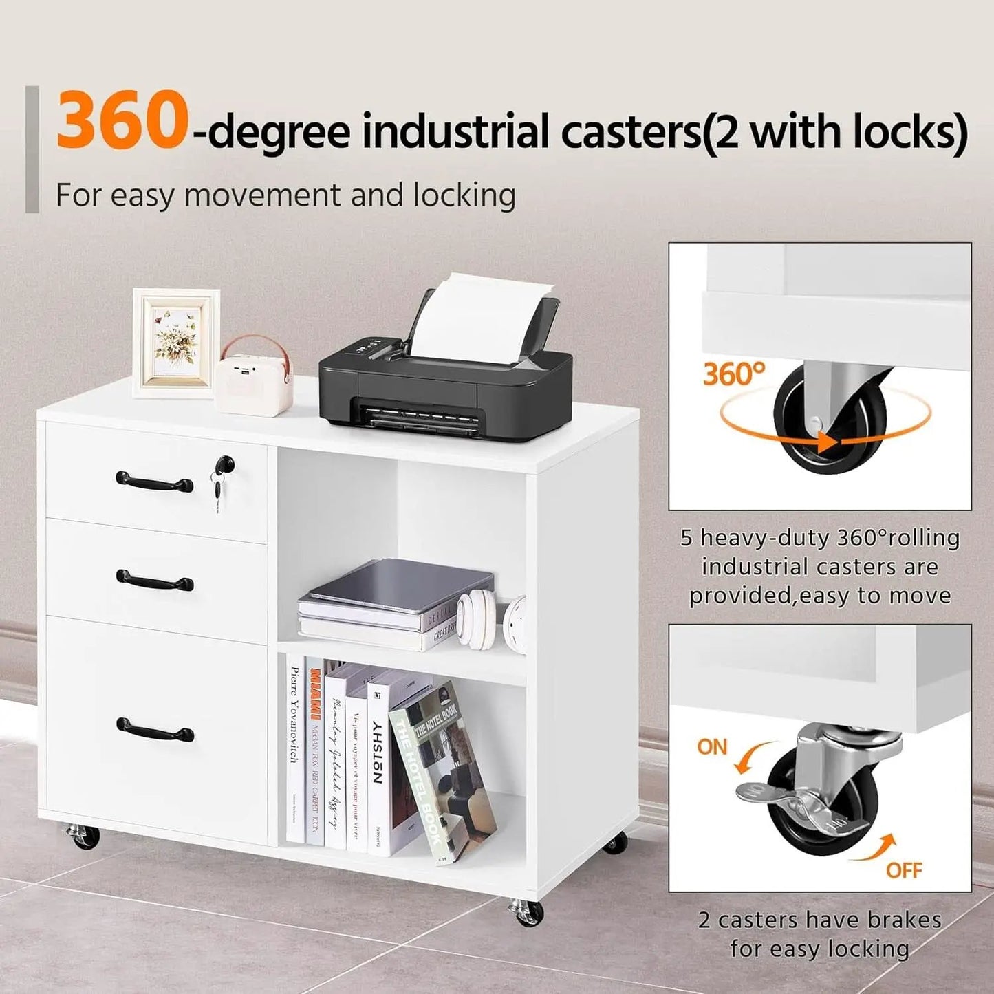 3 Drawer File Cabinet White Mobile Lateral Filing Cabinet With Lockable Top Drawer And Open Shelves For Home Office from PriceLows™