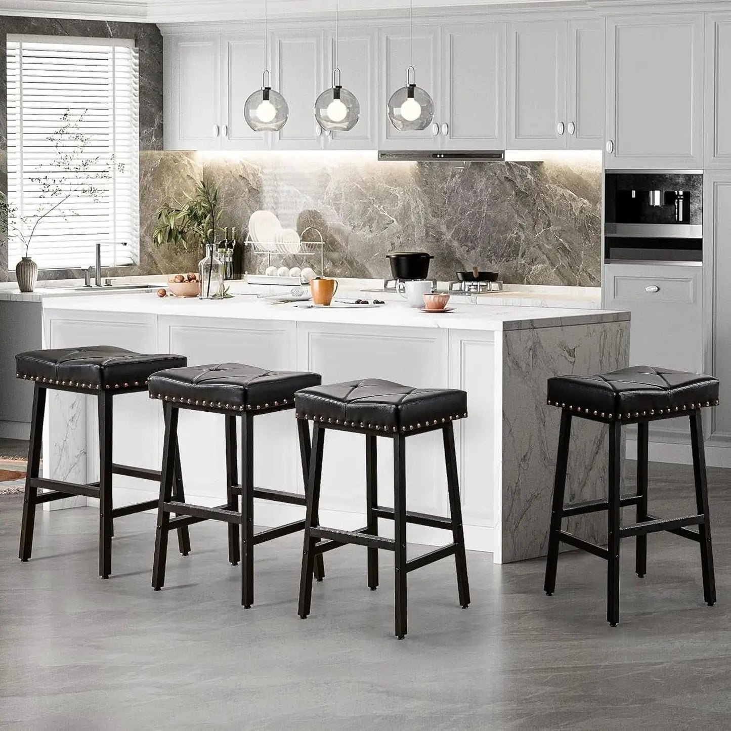 25 Inch Counter Height Bar Stools Set Of 2 In Black With PU Upholstered Saddle Seats For Comfort from PriceLows™