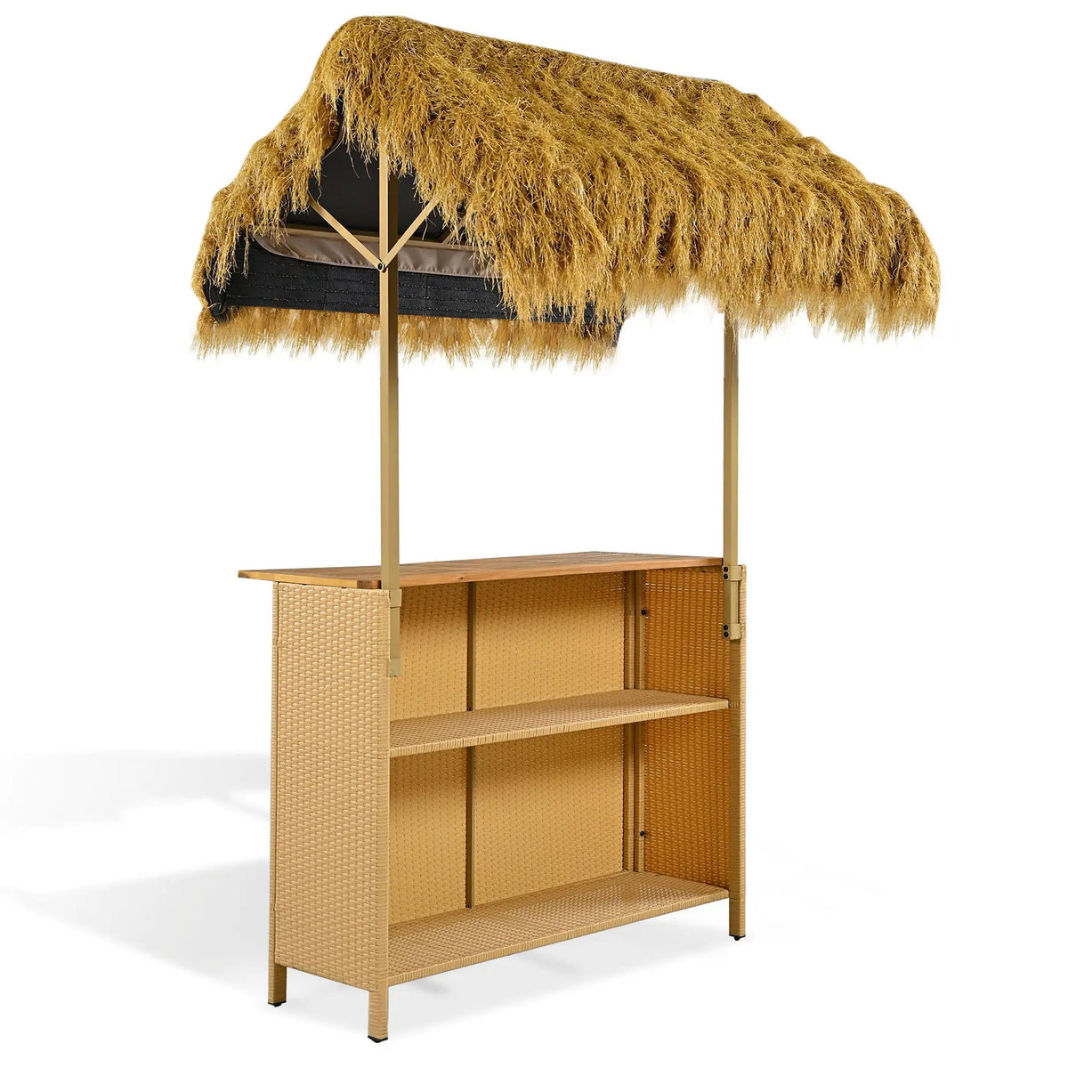 Outdoor Bar Height Patio Set | Acacia Wood Top | Grass Canopy | 5 Piece Natural