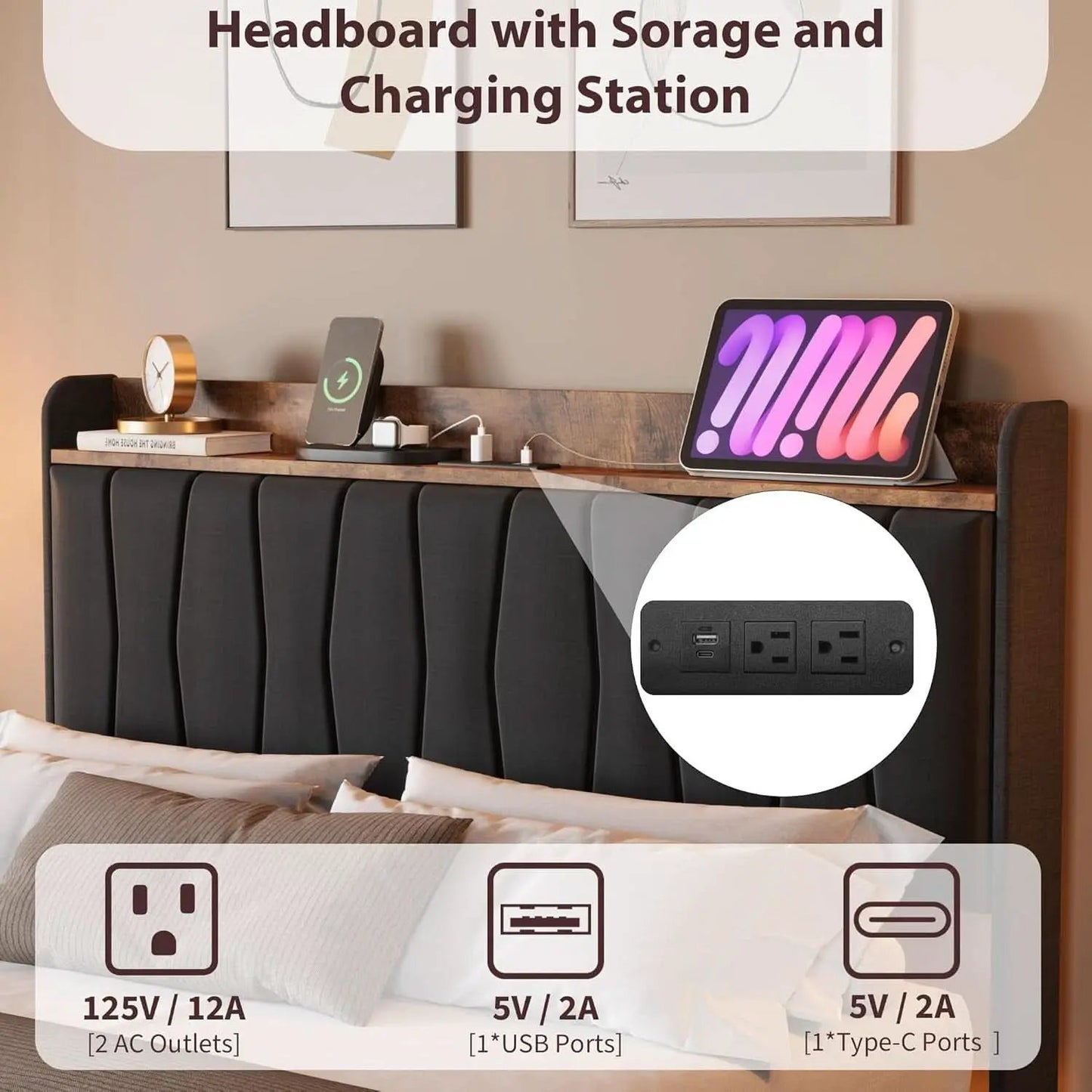 Black Floating Full Bed Frame With Storage Headboard from PriceLows™