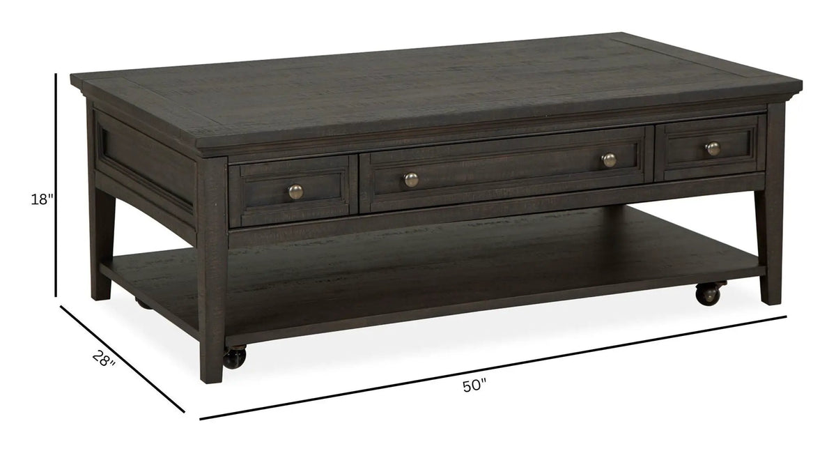 Westley Falls Rectangular Cocktail Table | Graphite | Three Storage Drawers | Casters