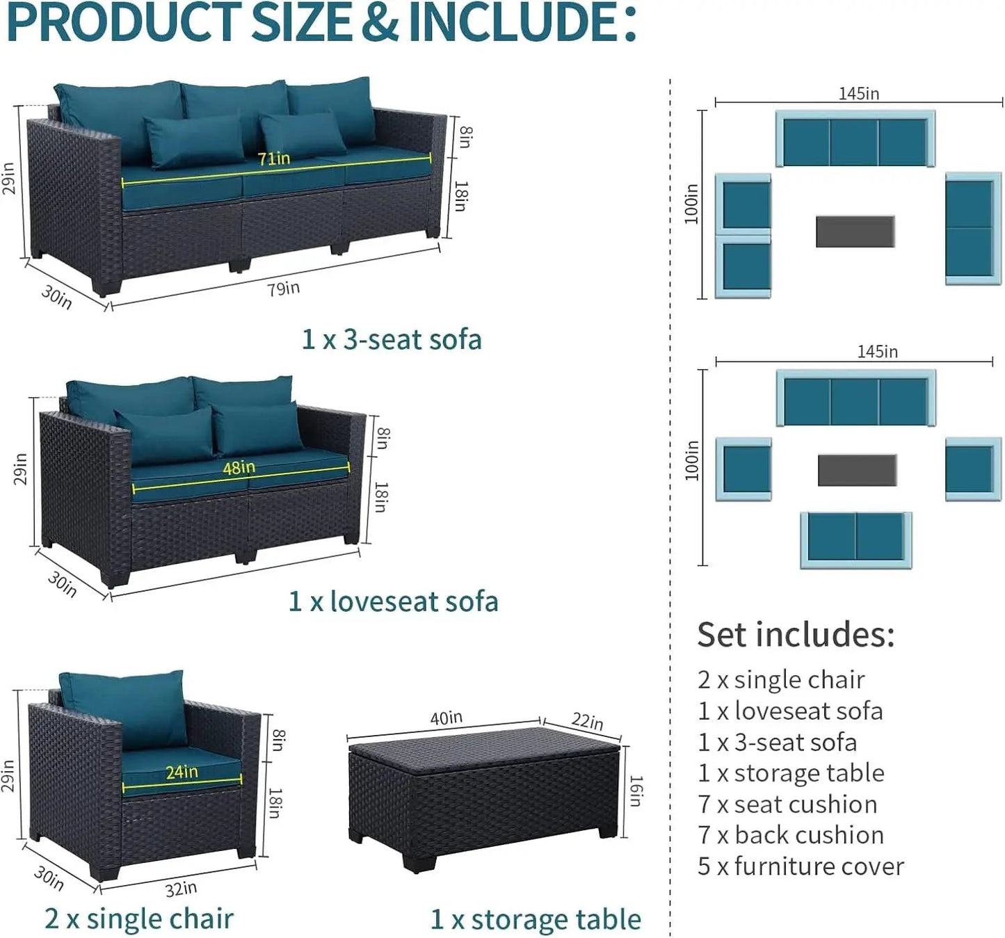Peacock Blue 5 Piece Patio Furniture Set With Anti Slip Cushions And Covers from PriceLows™