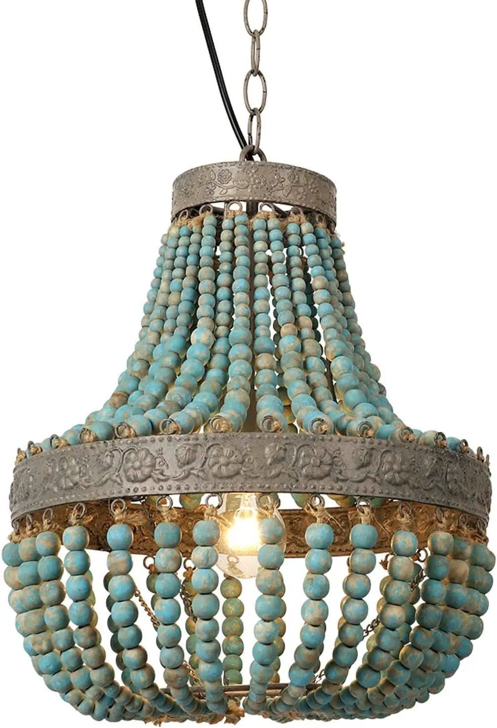 Gray Blue Rustic Wood Bead Chandelier Pendant Light from PriceLows™