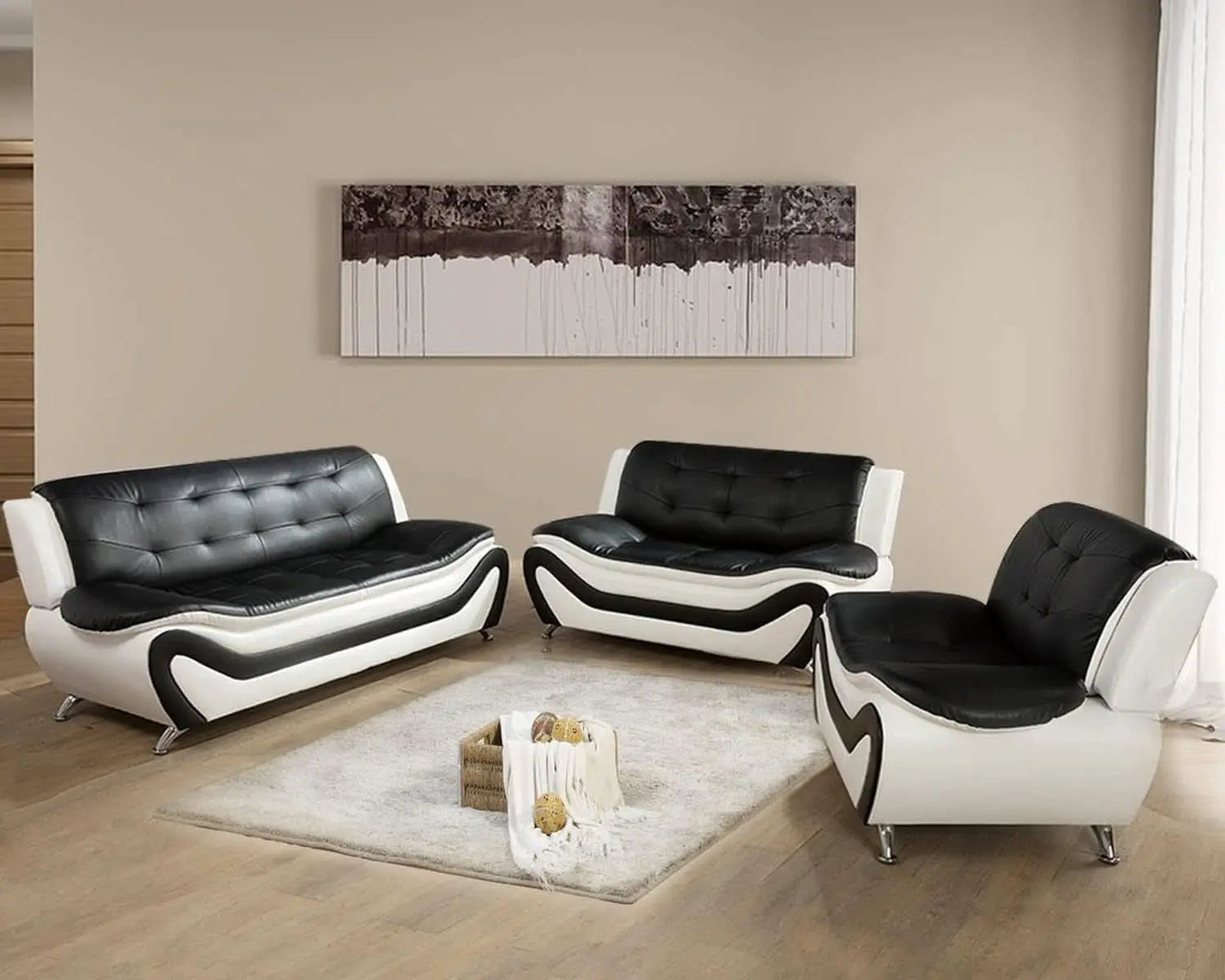 Vegan Leather Sofa Set 3 Piece Living Room Furniture White and Black from PriceLows™