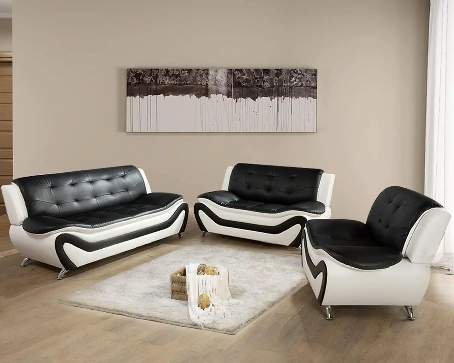 Vegan Leather Sofa Set 3 Piece Living Room Furniture White and Black from PriceLows™