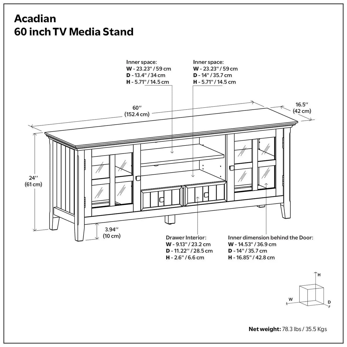 Acadian TV Media Stand | Handcrafted Solid Wood | 2 Bottom Drawers | Tempered Glass Side Cabinets