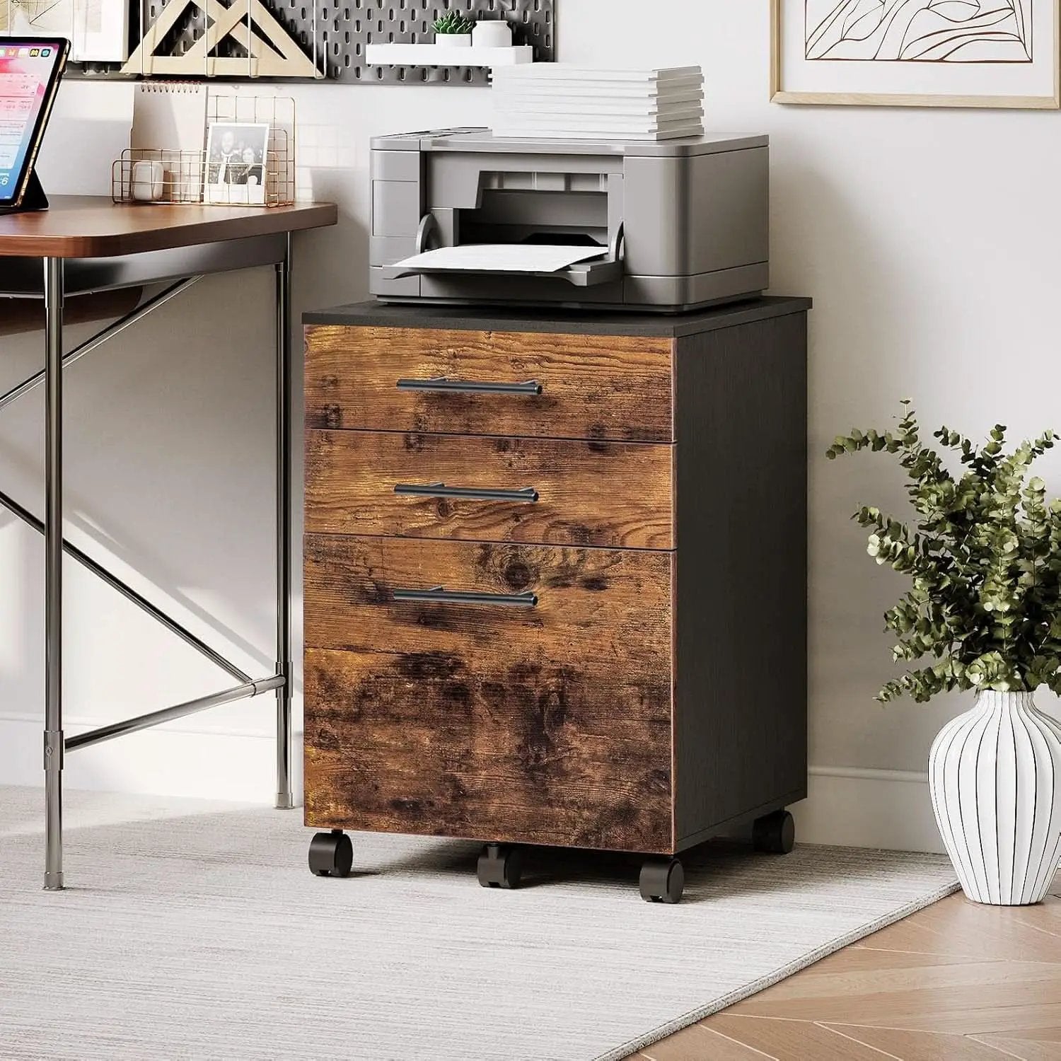Wooden Three Drawer File Cabinet Under Desk Fits A4 Letter Size Rustic Brown Black Finish With Rolling Storage from PriceLows™