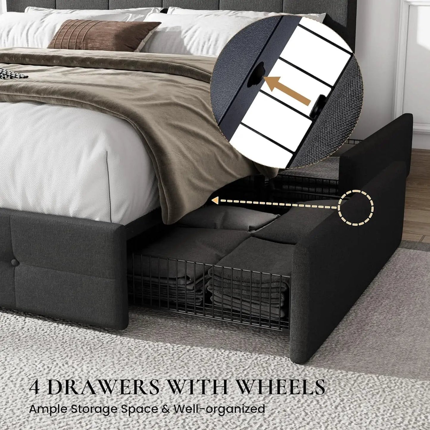 Upholstered Queen Platform Bed Frame With 4 Storage Drawers from PriceLows™