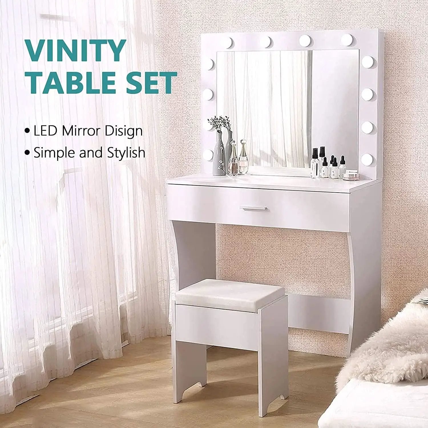 White Vanity Table With Lighted Mirror And Large Drawer from PriceLows™