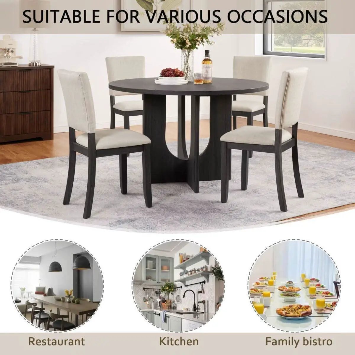 Round Dining Set With 47 Inch Table And Beige Upholstered Chairs from PriceLows™