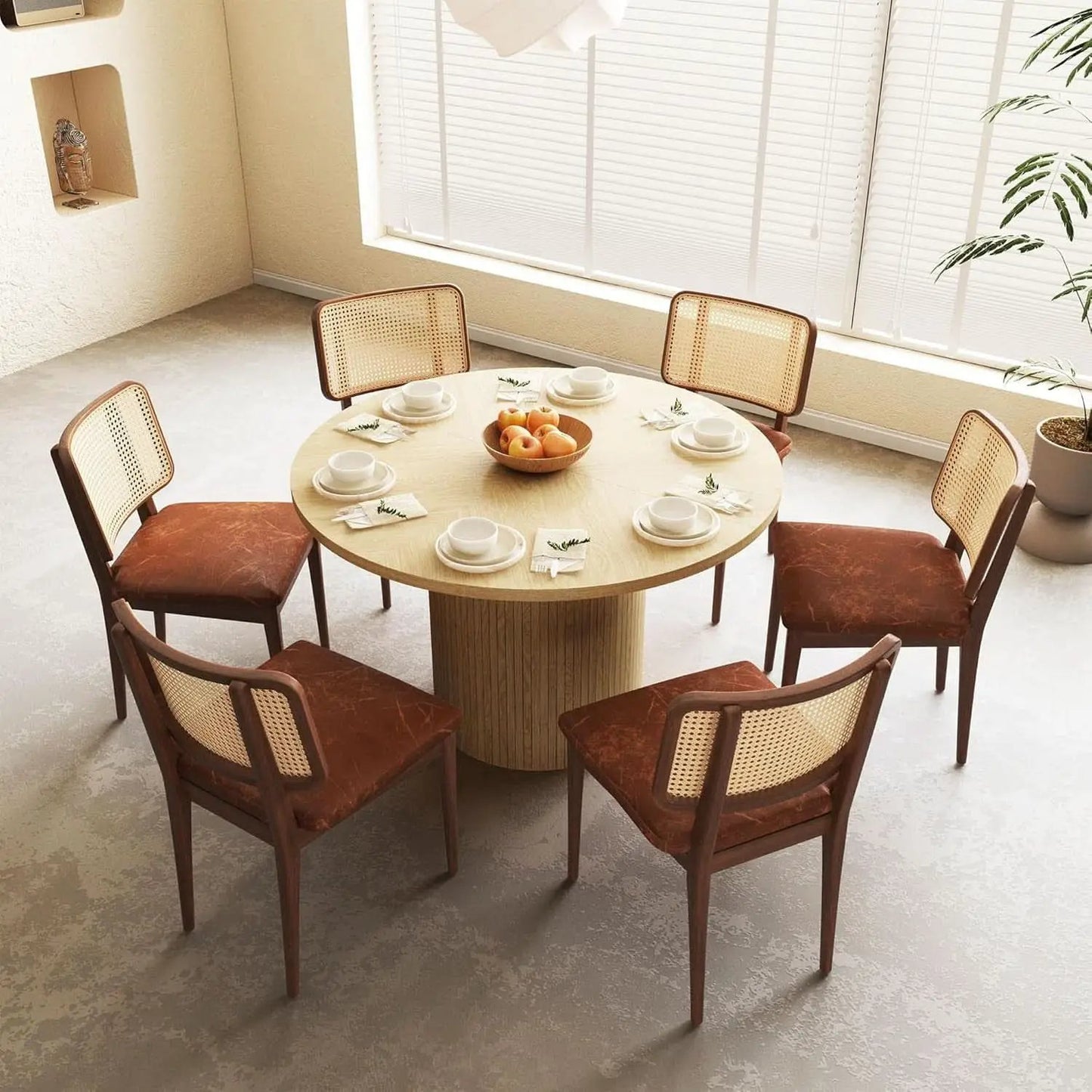 47 Inch Round Dining Table Natural Wood Farmhouse Fluted from PriceLows™
