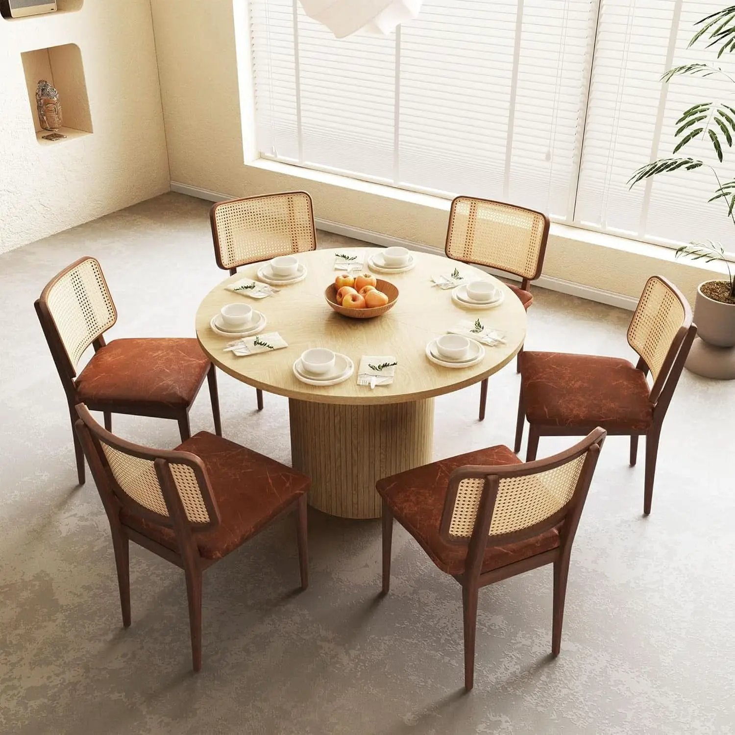 47 Inch Round Dining Table Natural Wood Farmhouse Fluted from PriceLows™