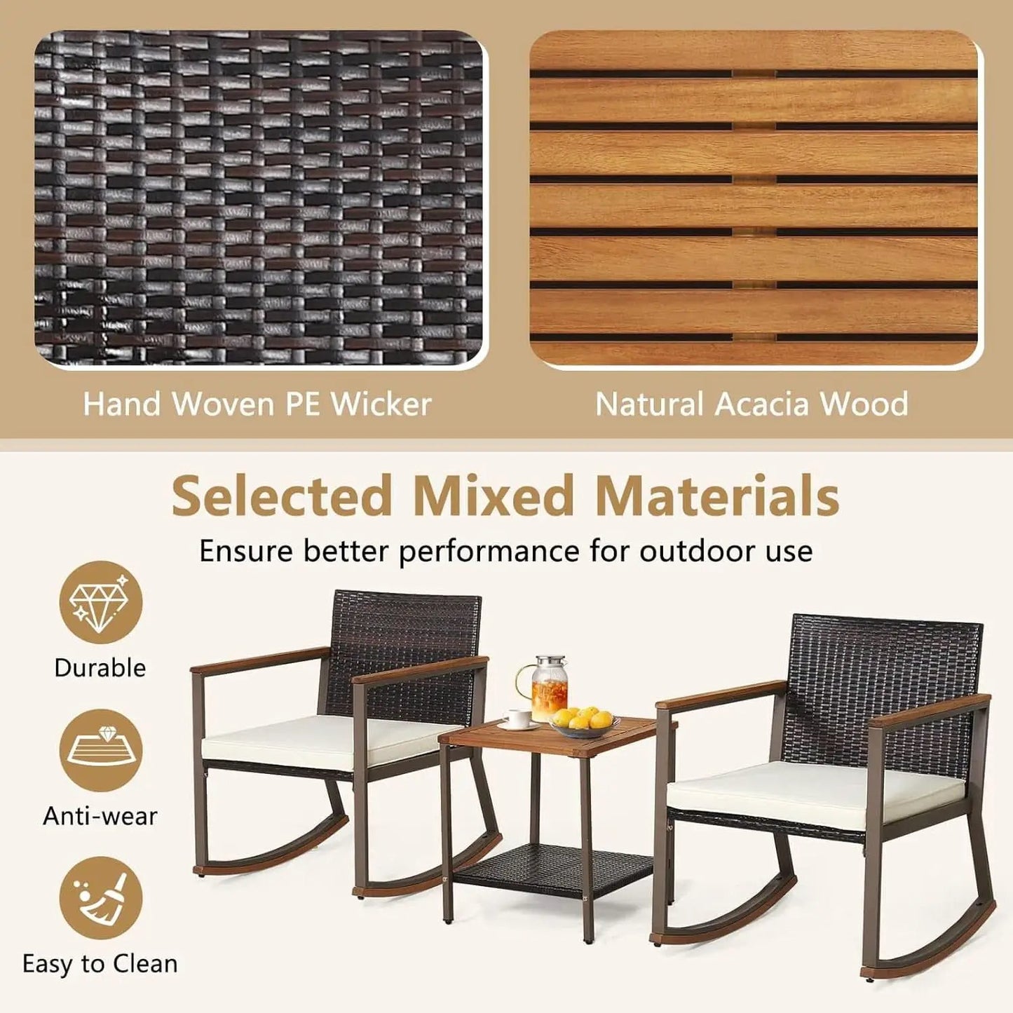 Three Piece Rocking Bistro Set With Cushions And Coffee Table For Outdoor Rattan Patio Off White from PriceLows™