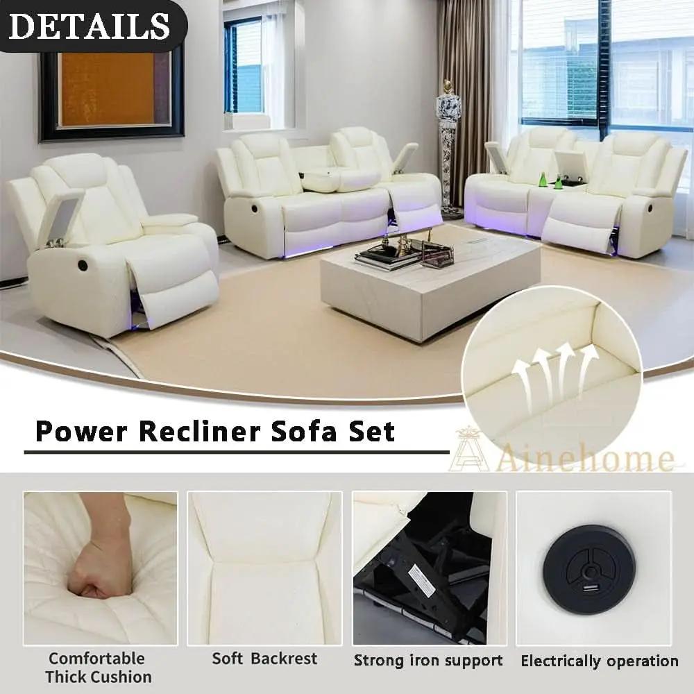 Power Recliner Sofa Set With Wireless Charging Creamy White from PriceLows™