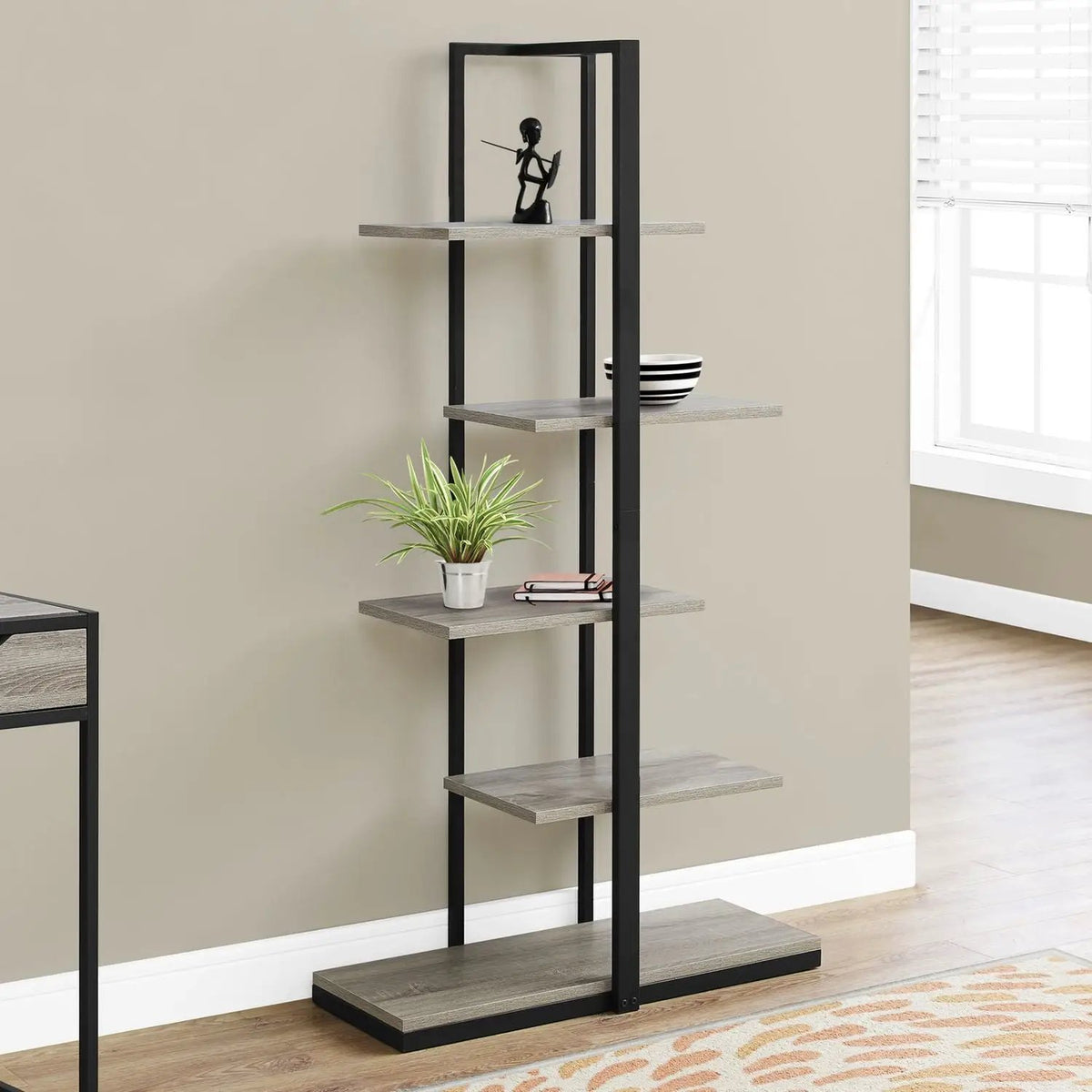 5 Tier Etagere Bookcase | Asymmetrical Zig-Zag Design | Solid Metal Base | Modern Industrial