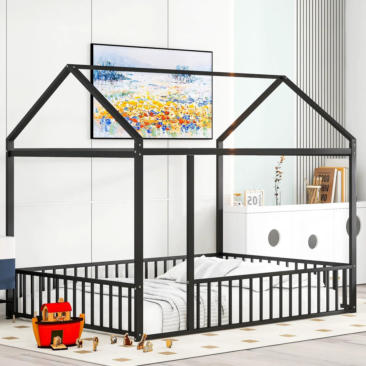 Kids Metal Bed Frame | Roof And Side Fence | Semi Enclosed Space | Three Colors