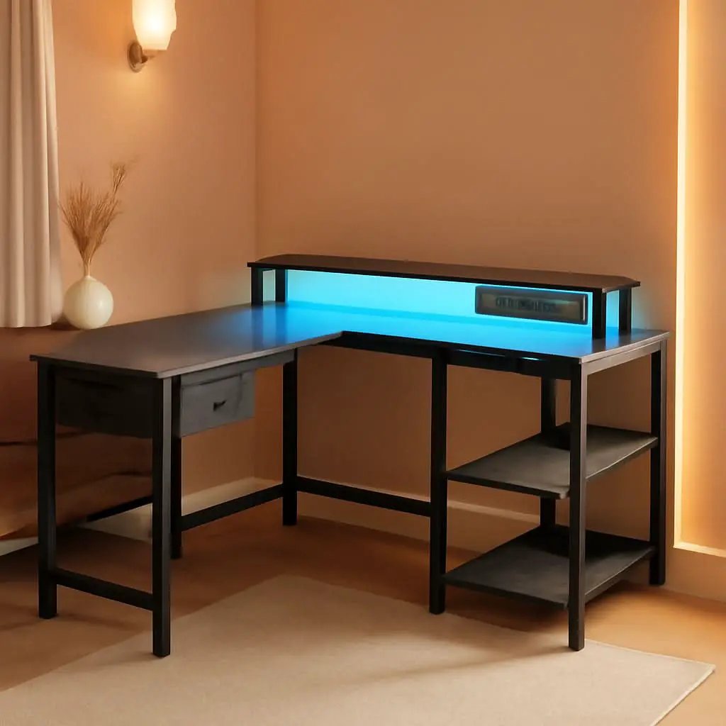 47 Inch L Shaped Desk With Led Lights And Power Outlets Grey from PriceLows™