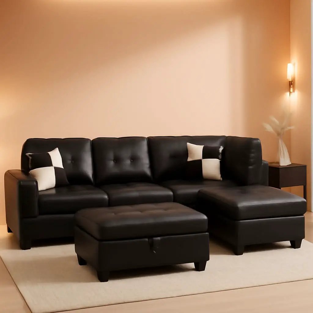 Faux Leather L Shaped Sectional Sofa Black 103 Inch Wide With Ottoman from PriceLows™
