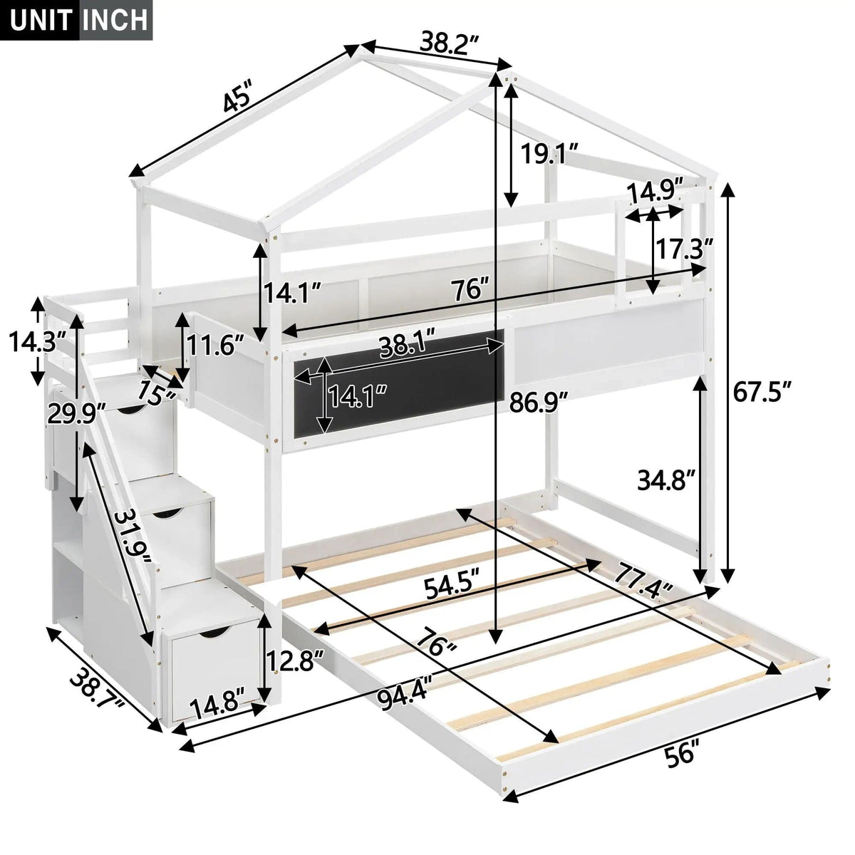 House Style Bunk Bed With Storage Staircase And board | 2 Pieces | Pine Wood | Bedroom