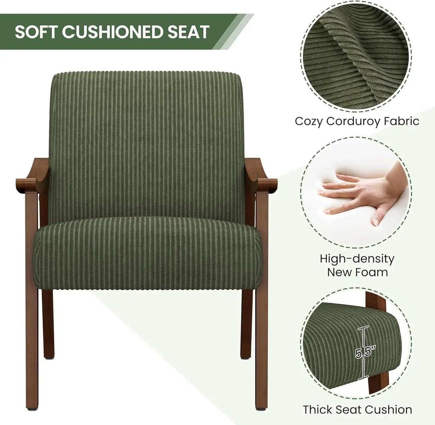 Dark Green Corduroy Armchair Mid Century Solid Wood from PriceLows™