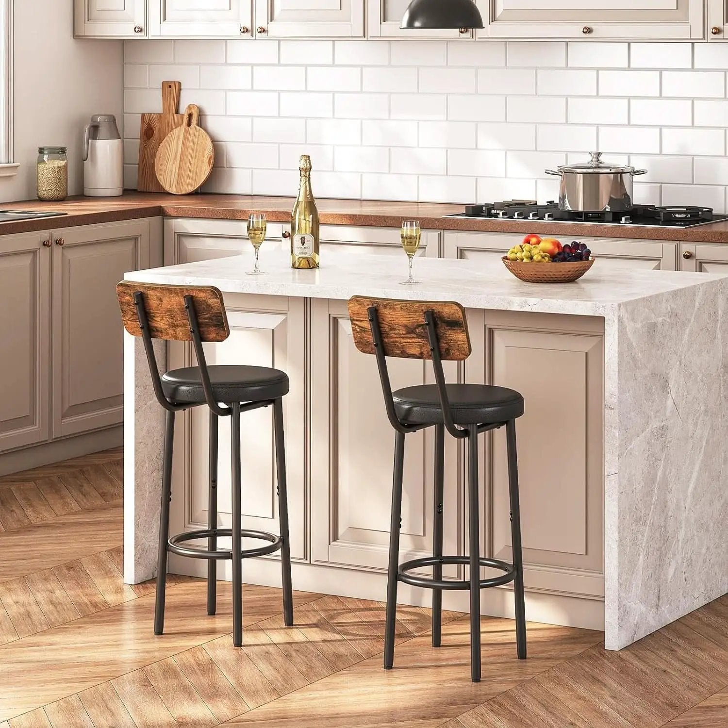 Rustic Brown PU Bar Stools Set of 2 26 Inch With Footrest from PriceLows™