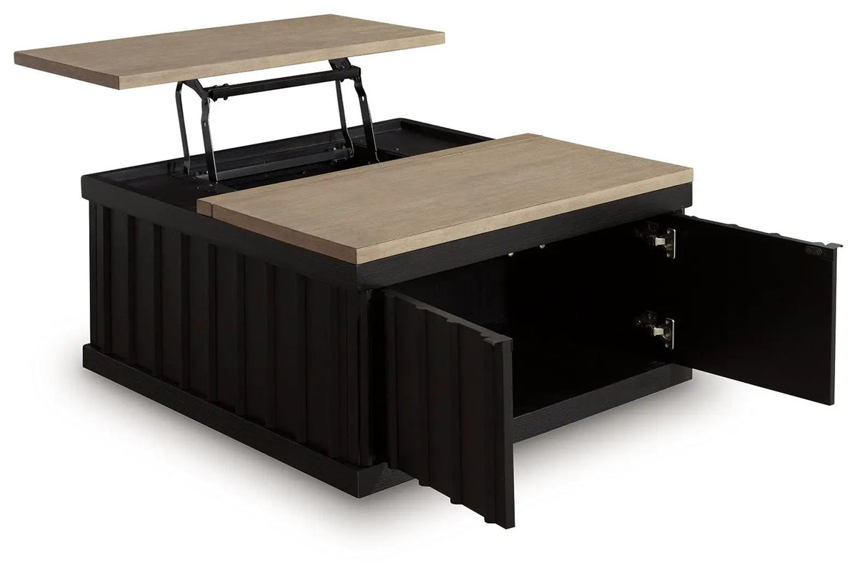 Rylandyn Lift Top Cocktail Table | Black And Light Brown | 36 Inch Square | Door Storage