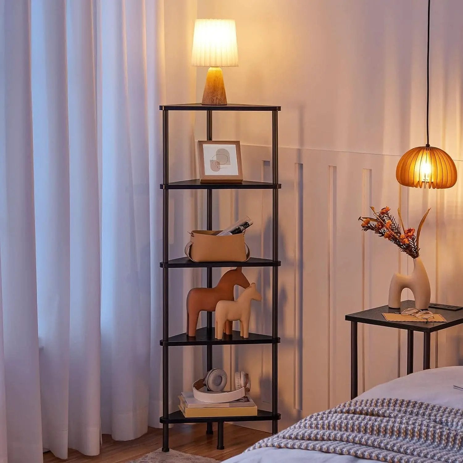 Industrial 5 Tier Corner Shelf Stand Black Metal Frame from PriceLows™