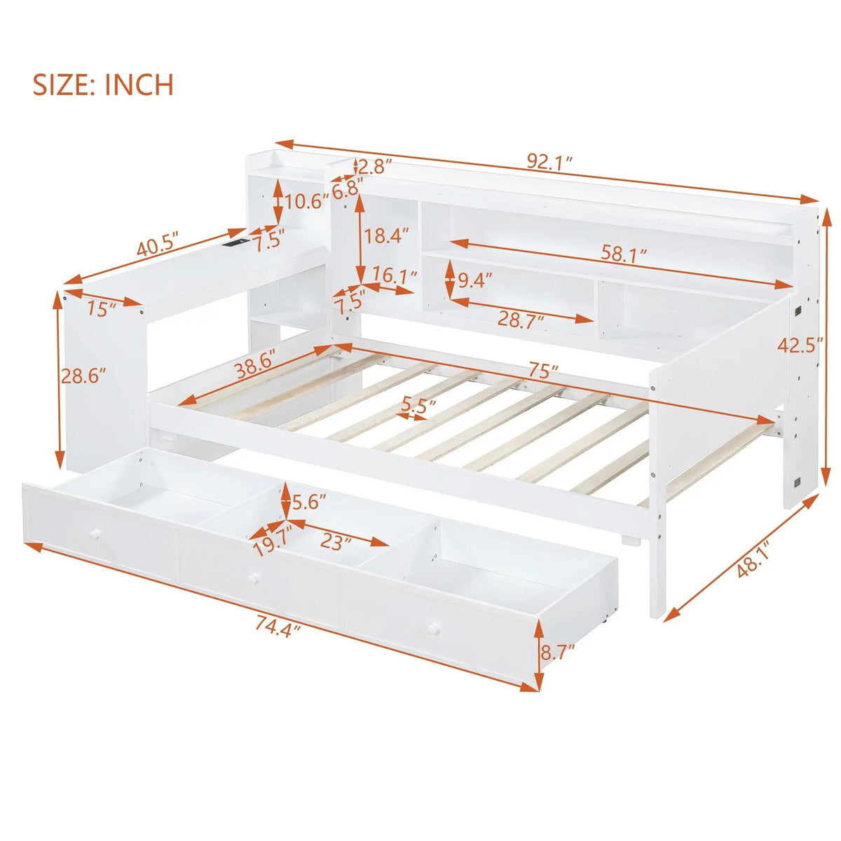 Pine Wood Daybed | 3 Drawers | USB Ports | Built-In Desk