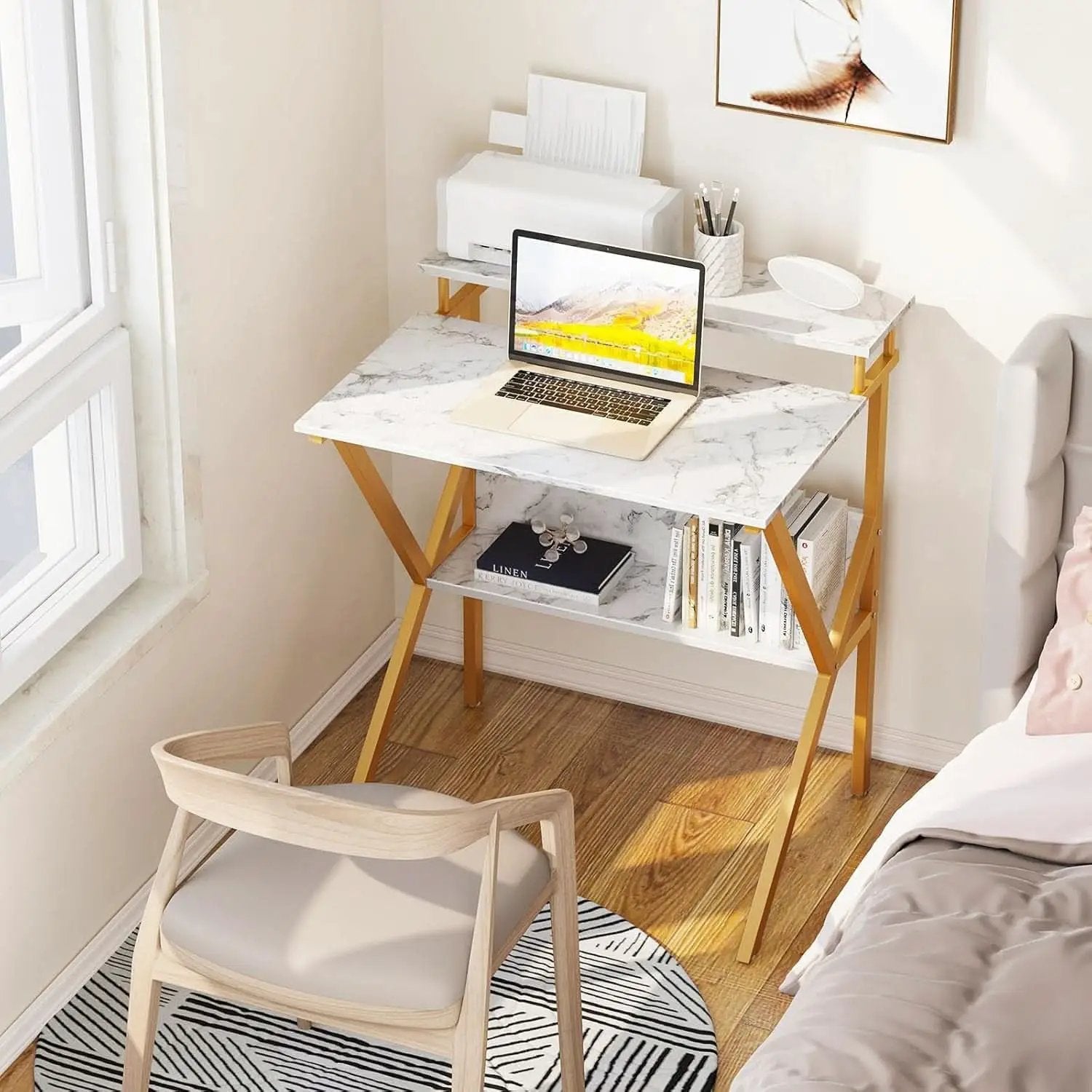 27.5 Inch Computer Desk With Monitor Stand And Storage White Marble Gold Leg from PriceLows™