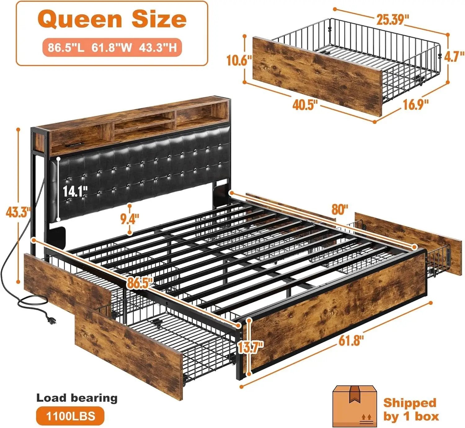 Queen Bed Frame With 4 Storage Drawers And Charging Station from PriceLows™