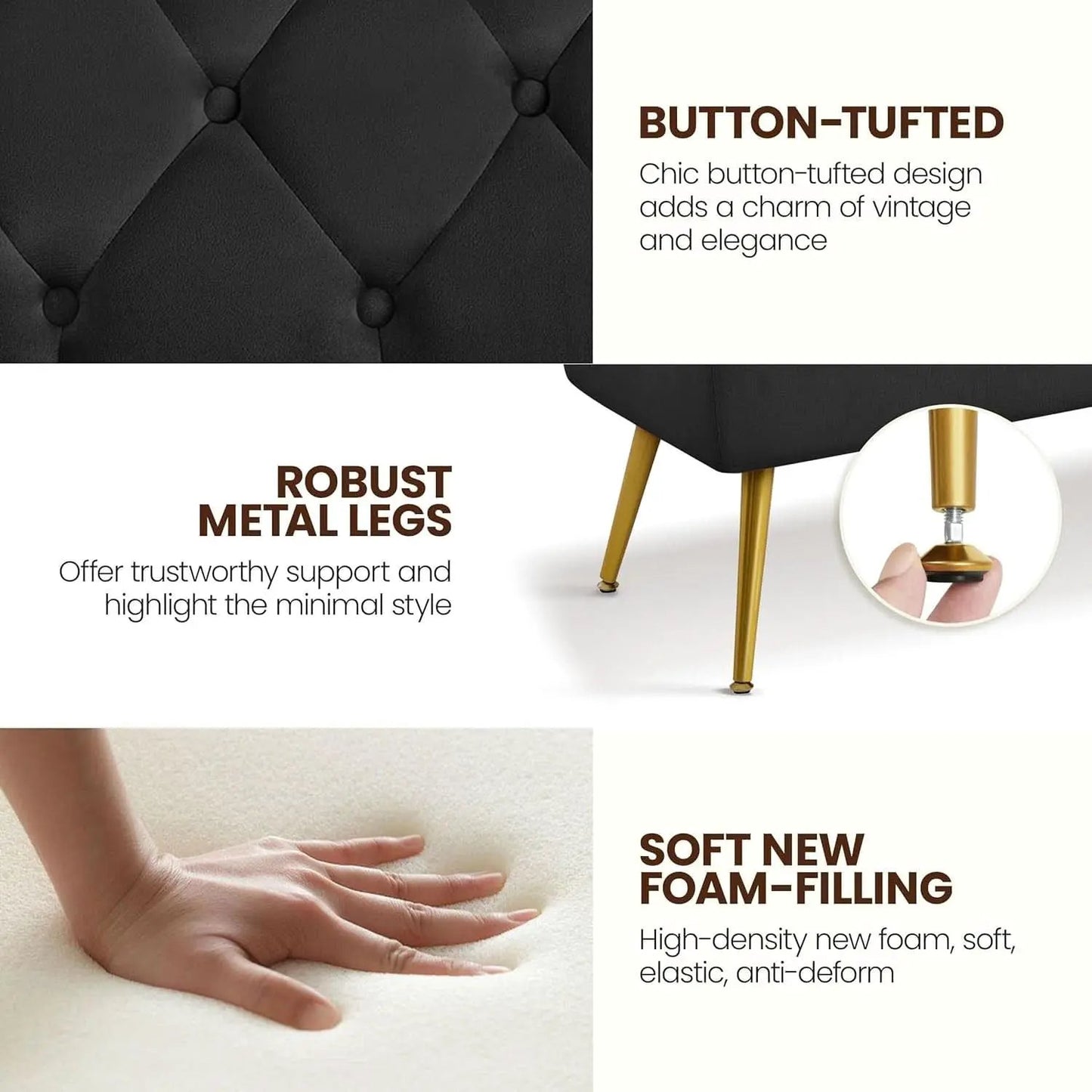 Black Velvet Upholstered Ottoman Bench Golden Legs from PriceLows™