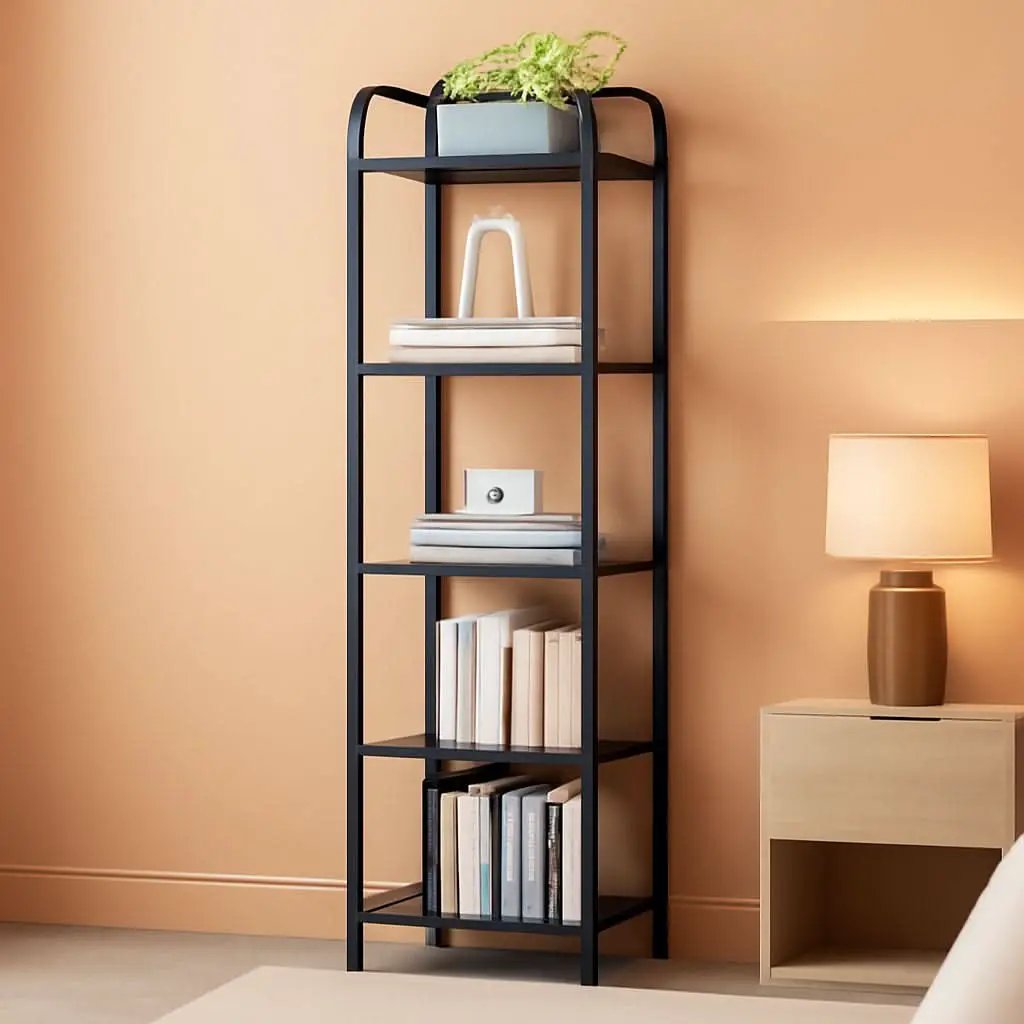 Black 5 Tier Narrow Bookcase Corner Shelf Organizer Industrial Design from PriceLows™