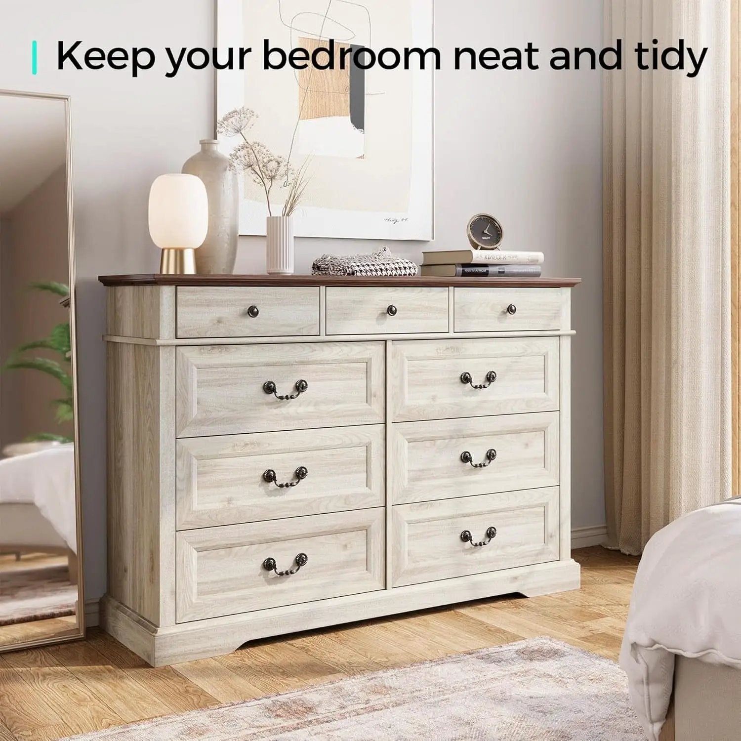 Beige Solid Wood Dresser Featuring Ample Compartments from PriceLows™