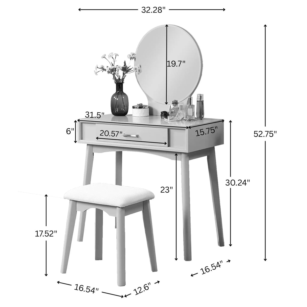 Maly Vanity And Stool Set | Contemporary Wood | Gold Finish | Solid Rubberwood Frame